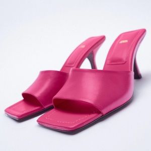 Zara LEATHER KITTEN HIGH-HEEL SANDAL W/SQUARE TOES